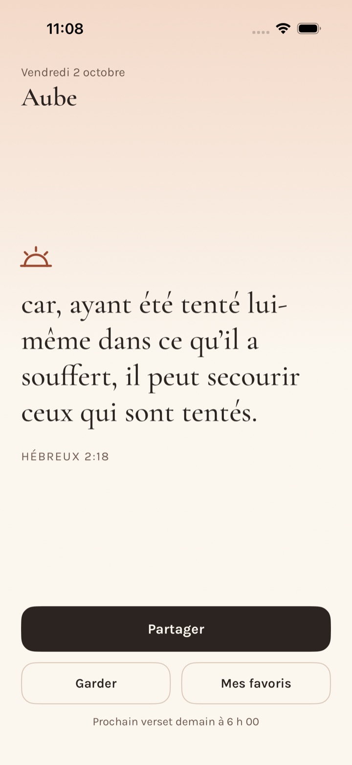 L’écran d’Aube : la date du jour, le verset en grands caractères, puis les boutons Partager, Garder et Mes favoris.
